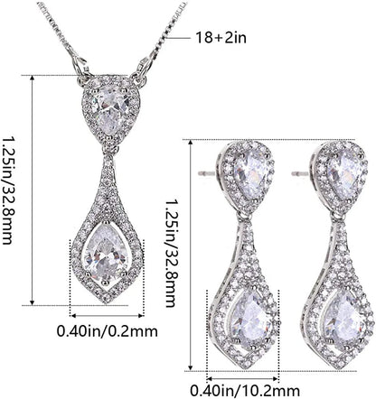 Wedding Jewelry Set for Bride - Elegant Sterling Silver Bridal Elegant Crystal Cubic Zirconia Teardrop Pendant Necklace Earrings Set for Teen Girls Bridesmaids Wedding Clear