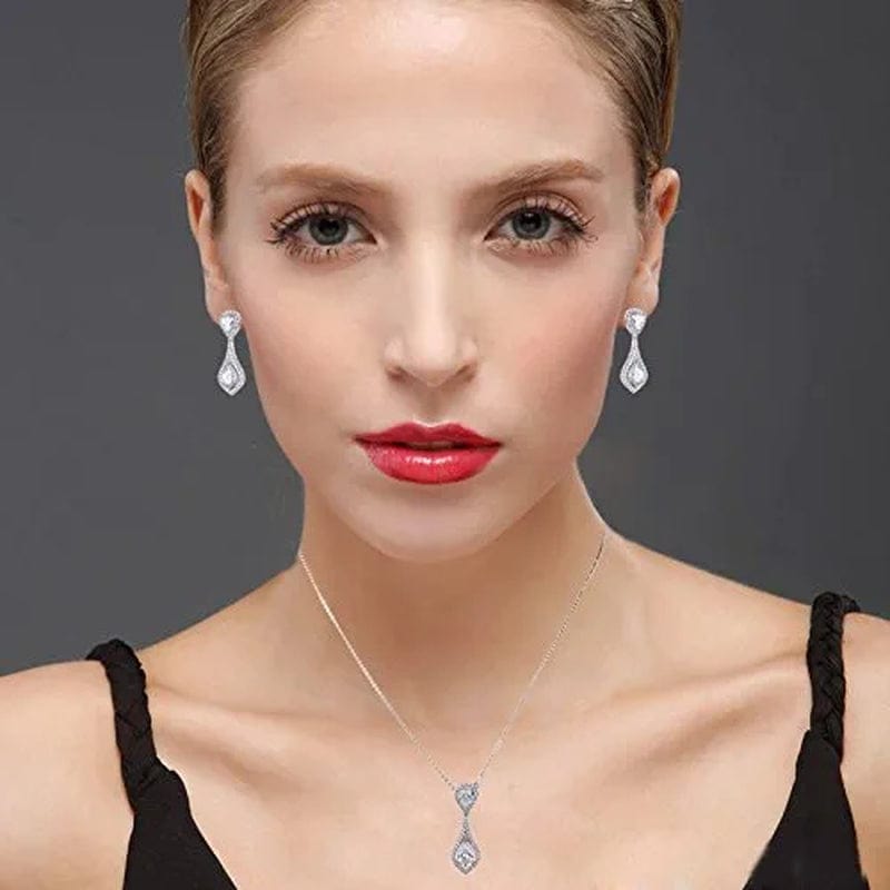 Wedding Jewelry Set for Bride - Elegant Sterling Silver Bridal Elegant Crystal Cubic Zirconia Teardrop Pendant Necklace Earrings Set for Teen Girls Bridesmaids Wedding Clear