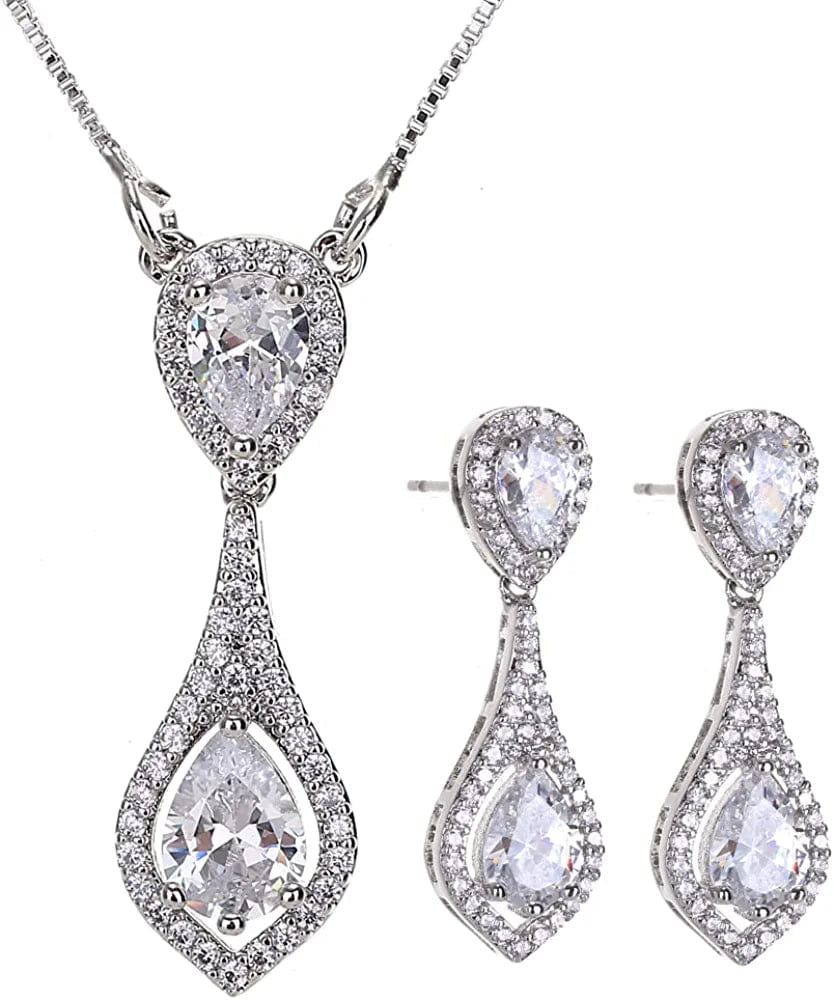 Wedding Jewelry Set for Bride - Elegant Sterling Silver Bridal Elegant Crystal Cubic Zirconia Teardrop Pendant Necklace Earrings Set for Teen Girls Bridesmaids Wedding Clear