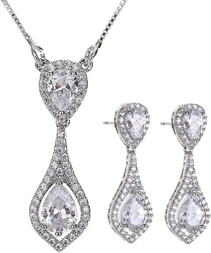 Wedding Jewelry Set for Bride - Elegant Sterling Silver Bridal Elegant Crystal Cubic Zirconia Teardrop Pendant Necklace Earrings Set for Teen Girls Bridesmaids Wedding Clear