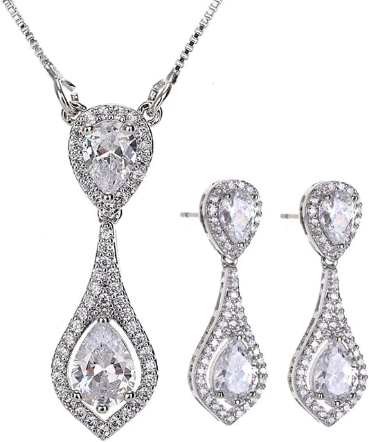 Wedding Jewelry Set for Bride - Elegant Sterling Silver Bridal Elegant Crystal Cubic Zirconia Teardrop Pendant Necklace Earrings Set for Teen Girls Bridesmaids Wedding Clear