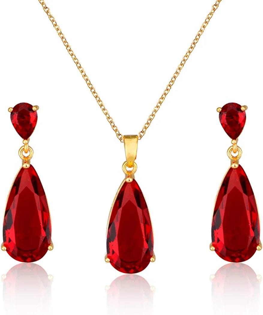 Wedding Jewelry Set for Bridesmaids - Sterling Silver Teardrop CZ Crystal Cubic Zirconia Rhinestone Diamond Bridal Necklace Earrings Set for Bride Mother of Bride Party Prom Birthstone Costume Jewelry Jul-Ruby
