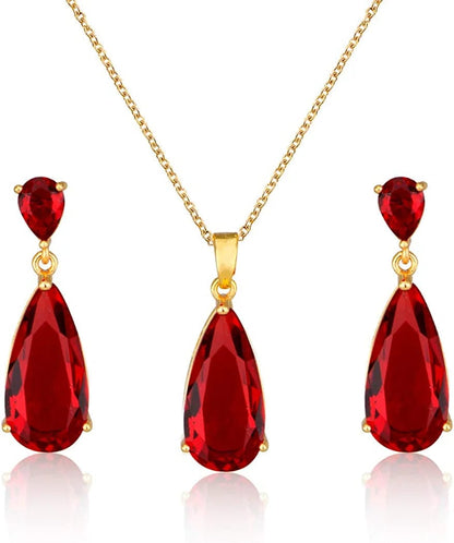 Wedding Jewelry Set for Bridesmaids - Sterling Silver Teardrop CZ Crystal Cubic Zirconia Rhinestone Diamond Bridal Necklace Earrings Set for Bride Mother of Bride Party Prom Birthstone Costume Jewelry Jul-Ruby