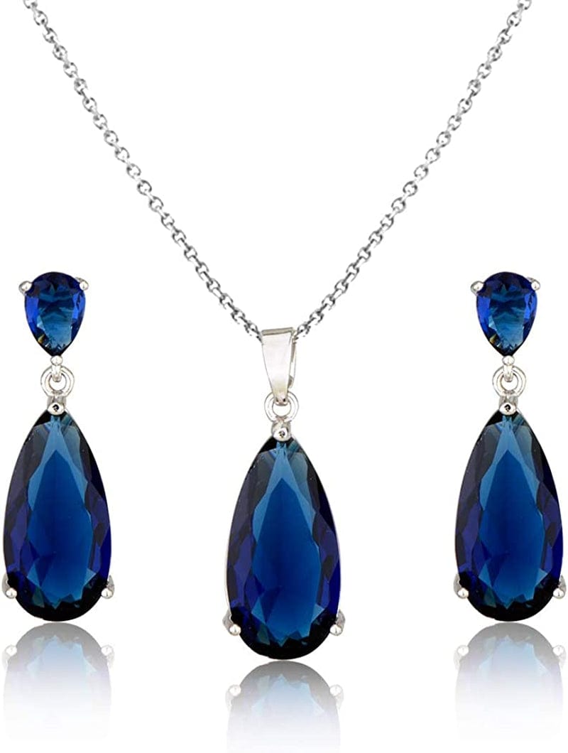 Wedding Jewelry Set for Bridesmaids - Sterling Silver Teardrop CZ Crystal Cubic Zirconia Rhinestone Diamond Bridal Necklace Earrings Set for Bride Mother of Bride Party Prom Birthstone Costume Jewelry Sept-Sapphire