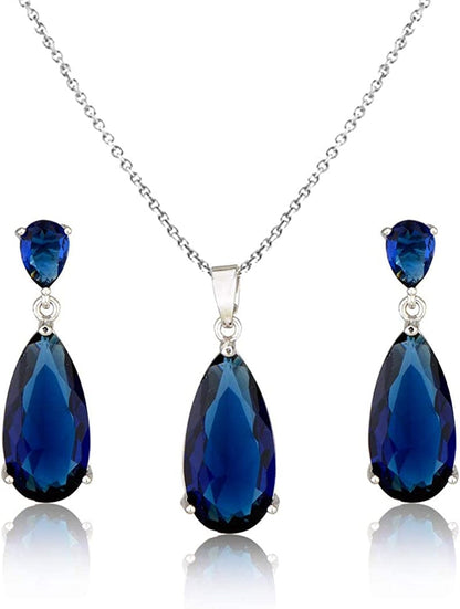 Wedding Jewelry Set for Bridesmaids - Sterling Silver Teardrop CZ Crystal Cubic Zirconia Rhinestone Diamond Bridal Necklace Earrings Set for Bride Mother of Bride Party Prom Birthstone Costume Jewelry Sept-Sapphire