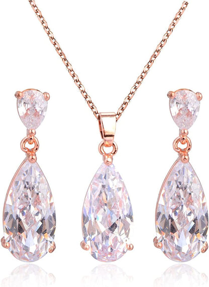 Wedding Jewelry Set for Bridesmaids - Sterling Silver Teardrop CZ Crystal Cubic Zirconia Rhinestone Diamond Bridal Necklace Earrings Set for Bride Mother of Bride Party Prom Birthstone Costume Jewelry 14k rose gold plated