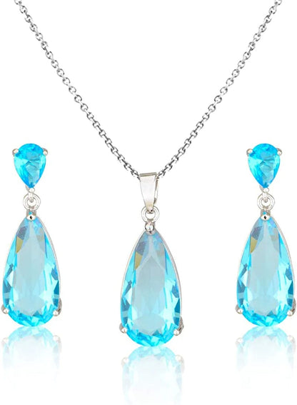 Wedding Jewelry Set for Bridesmaids - Sterling Silver Teardrop CZ Crystal Cubic Zirconia Rhinestone Diamond Bridal Necklace Earrings Set for Bride Mother of Bride Party Prom Birthstone Costume Jewelry Mar-Aquamarine