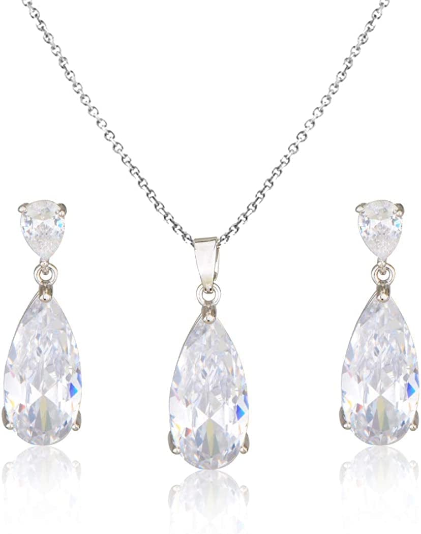 Wedding Jewelry Set for Bridesmaids - Sterling Silver Teardrop CZ Crystal Cubic Zirconia Rhinestone Diamond Bridal Necklace Earrings Set for Bride Mother of Bride Party Prom Birthstone Costume Jewelry Apr-Diamond