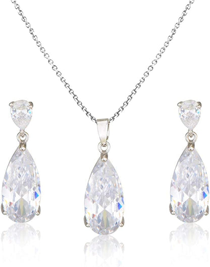 Wedding Jewelry Set for Bridesmaids - Sterling Silver Teardrop CZ Crystal Cubic Zirconia Rhinestone Diamond Bridal Necklace Earrings Set for Bride Mother of Bride Party Prom Birthstone Costume Jewelry Apr-Diamond