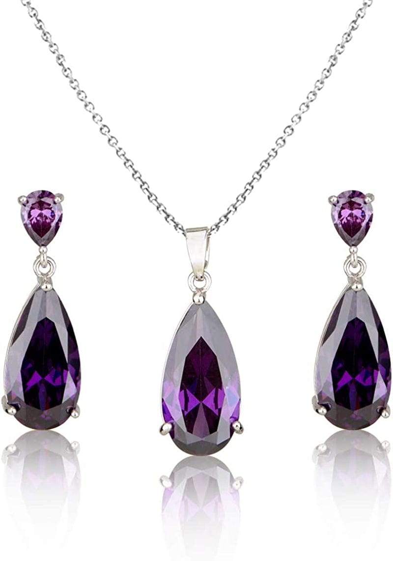 Wedding Jewelry Set for Bridesmaids - Sterling Silver Teardrop CZ Crystal Cubic Zirconia Rhinestone Diamond Bridal Necklace Earrings Set for Bride Mother of Bride Party Prom Birthstone Costume Jewelry Feb-Amethyst
