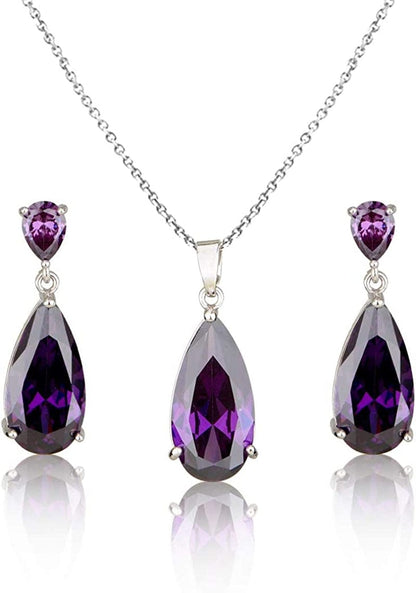 Wedding Jewelry Set for Bridesmaids - Sterling Silver Teardrop CZ Crystal Cubic Zirconia Rhinestone Diamond Bridal Necklace Earrings Set for Bride Mother of Bride Party Prom Birthstone Costume Jewelry Feb-Amethyst