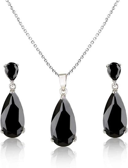 Wedding Jewelry Set for Bridesmaids - Sterling Silver Teardrop CZ Crystal Cubic Zirconia Rhinestone Diamond Bridal Necklace Earrings Set for Bride Mother of Bride Party Prom Birthstone Costume Jewelry Dec-Black Zircon