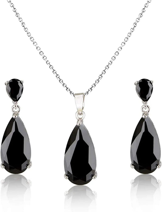 Wedding Jewelry Set for Bridesmaids - Sterling Silver Teardrop CZ Crystal Cubic Zirconia Rhinestone Diamond Bridal Necklace Earrings Set for Bride Mother of Bride Party Prom Birthstone Costume Jewelry Dec-Black Zircon