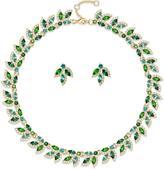 Wedding Jewelry Set Rhinestone Necklace Bridal Jewelry Set Costume Jewelry Sets for Women Wedding Bridal Jewelry Green