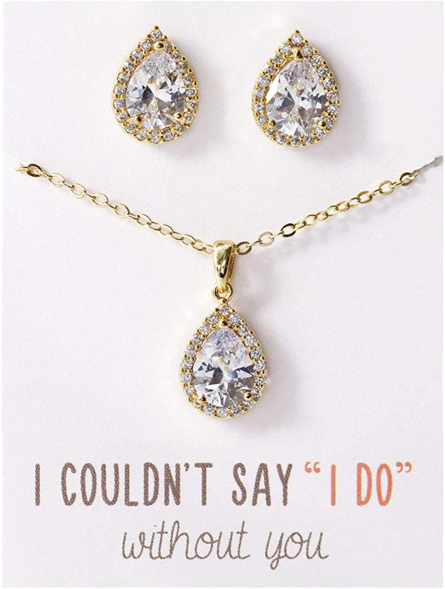 Wedding Jewelry Set, Tear Drop Necklace and Earrings Set in Gold, Rose Gold, Silver Gold Set (Post Earrings