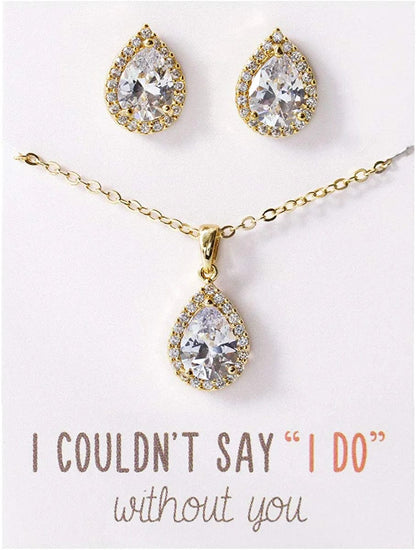 Wedding Jewelry Set, Tear Drop Necklace and Earrings Set in Gold, Rose Gold, Silver Gold Set (Post Earrings