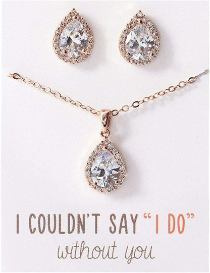 Wedding Jewelry Set, Tear Drop Necklace and Earrings Set in Gold, Rose Gold, Silver Rose Gold Set (Post Earrings)