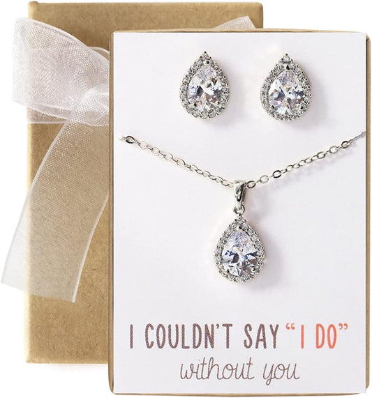 Wedding Jewelry Set, Tear Drop Necklace and Earrings Set in Gold, Rose Gold, Silver Silver Set (Post Earrings)