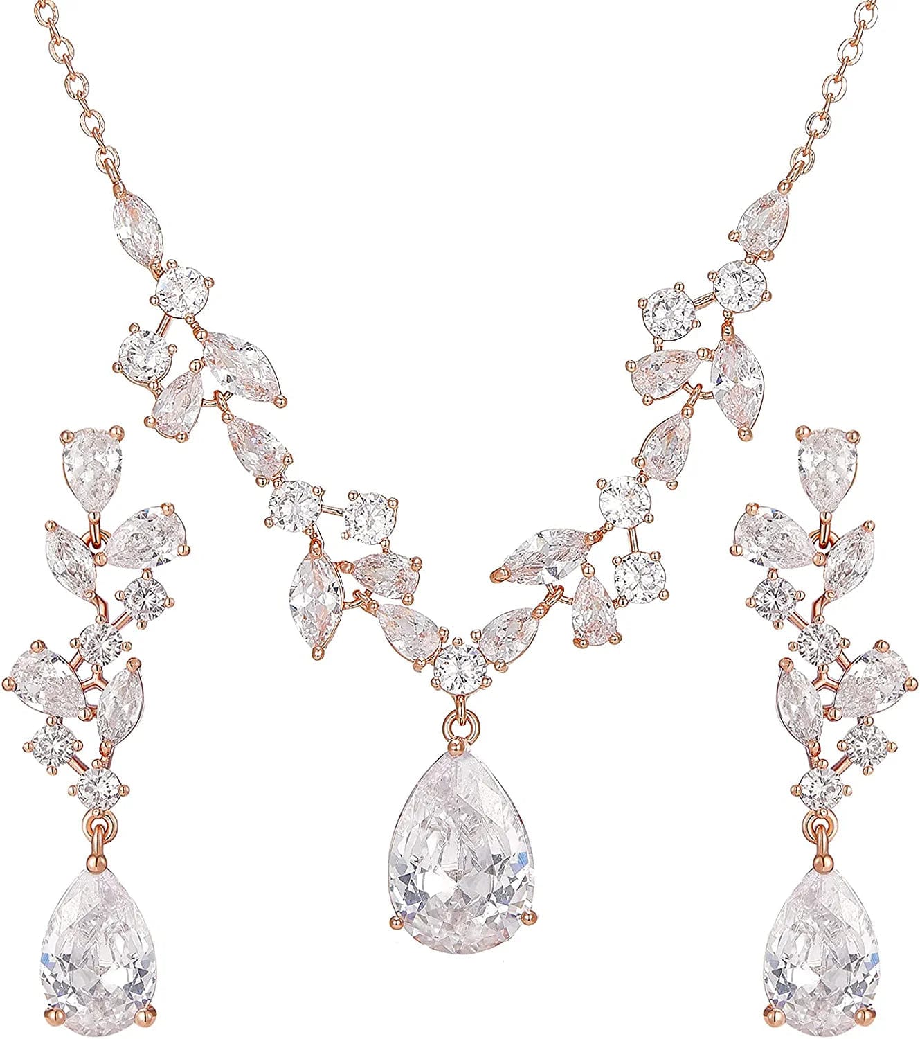 Wedding Jewelry Sets for Brides Bridesmaid Women, CZ Marquise Teardrop Bridal Necklace Earrings Set Wedding Prom Costume Jewelry Gifts Rose Gold