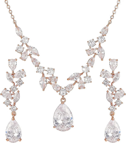 Wedding Jewelry Sets for Brides Bridesmaid Women, CZ Marquise Teardrop Bridal Necklace Earrings Set Wedding Prom Costume Jewelry Gifts Rose Gold