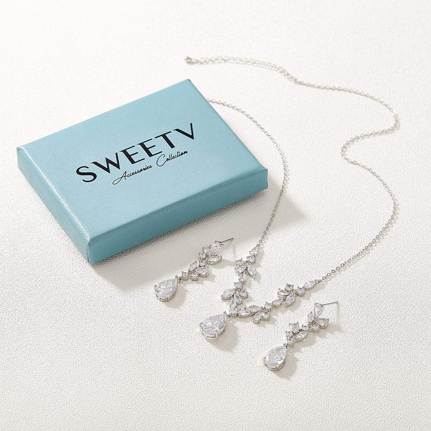 Wedding Jewelry Sets for Brides Bridesmaid Women, CZ Marquise Teardrop Bridal Necklace Earrings Set Wedding Prom Costume Jewelry Gifts