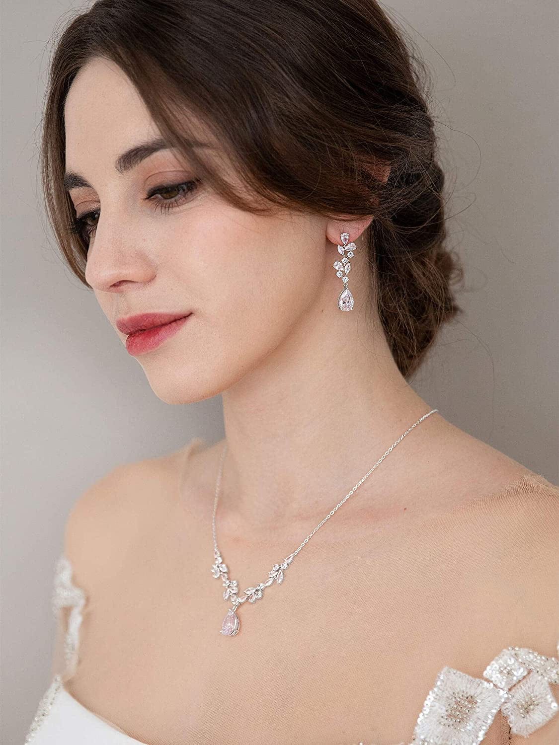 Wedding Jewelry Sets for Brides Bridesmaid Women, CZ Marquise Teardrop Bridal Necklace Earrings Set Wedding Prom Costume Jewelry Gifts