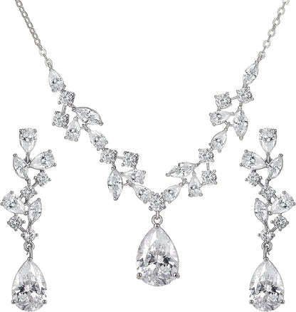 Wedding Jewelry Sets for Brides Bridesmaid Women, CZ Marquise Teardrop Bridal Necklace Earrings Set Wedding Prom Costume Jewelry Gifts Silver