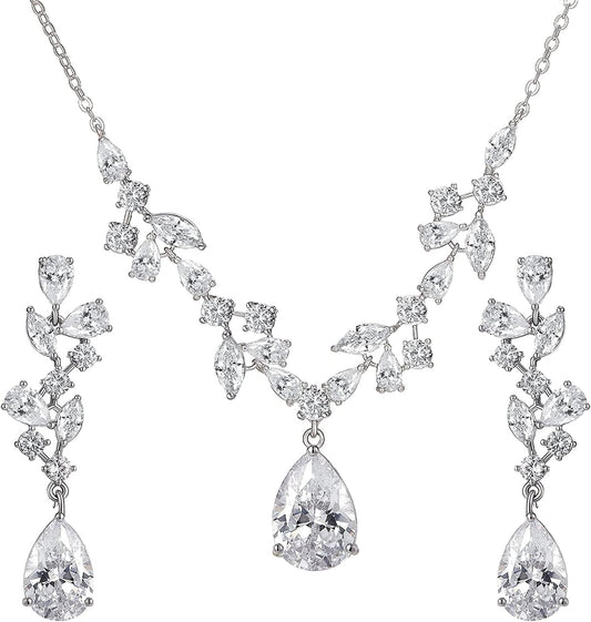 Wedding Jewelry Sets for Brides Bridesmaid Women, CZ Marquise Teardrop Bridal Necklace Earrings Set Wedding Prom Costume Jewelry Gifts Silver