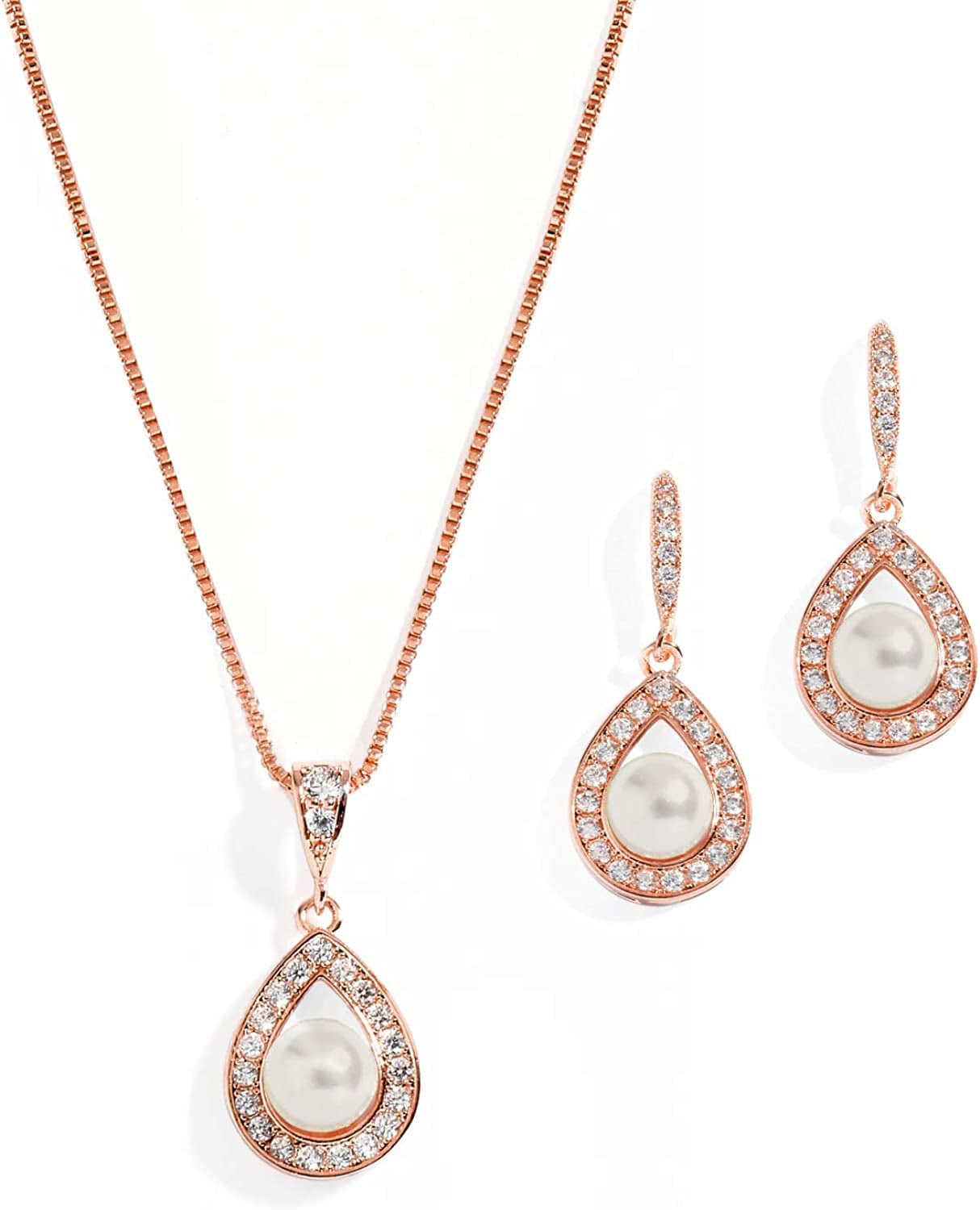 Wedding Necklace and Earrings Pearl Jewelry Set with Inlaid CZ Frame for Bridesmaids & Brides Rose Gold