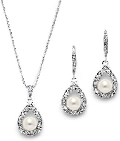 Wedding Necklace and Earrings Pearl Jewelry Set with Inlaid CZ Frame for Bridesmaids & Brides Silver