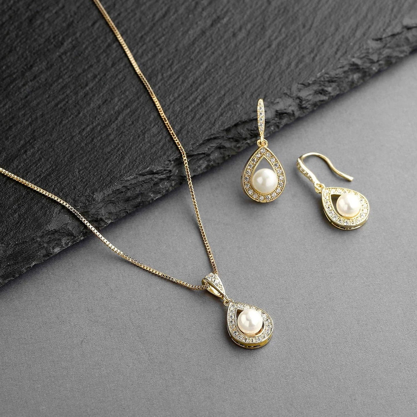 Wedding Necklace and Earrings Pearl Jewelry Set with Inlaid CZ Frame for Bridesmaids & Brides