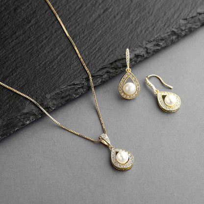 Wedding Necklace and Earrings Pearl Jewelry Set with Inlaid CZ Frame for Bridesmaids & Brides