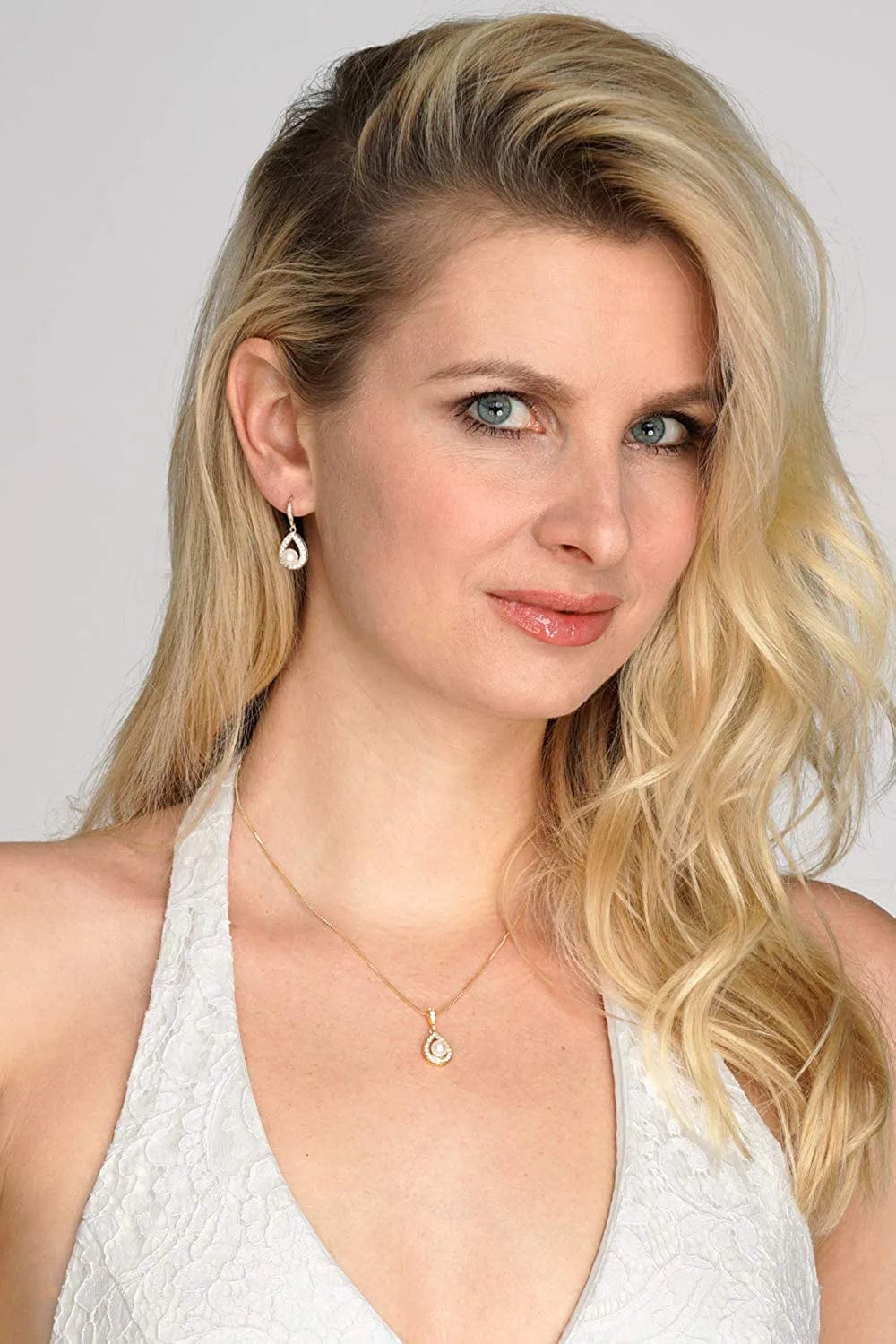Wedding Necklace and Earrings Pearl Jewelry Set with Inlaid CZ Frame for Bridesmaids & Brides