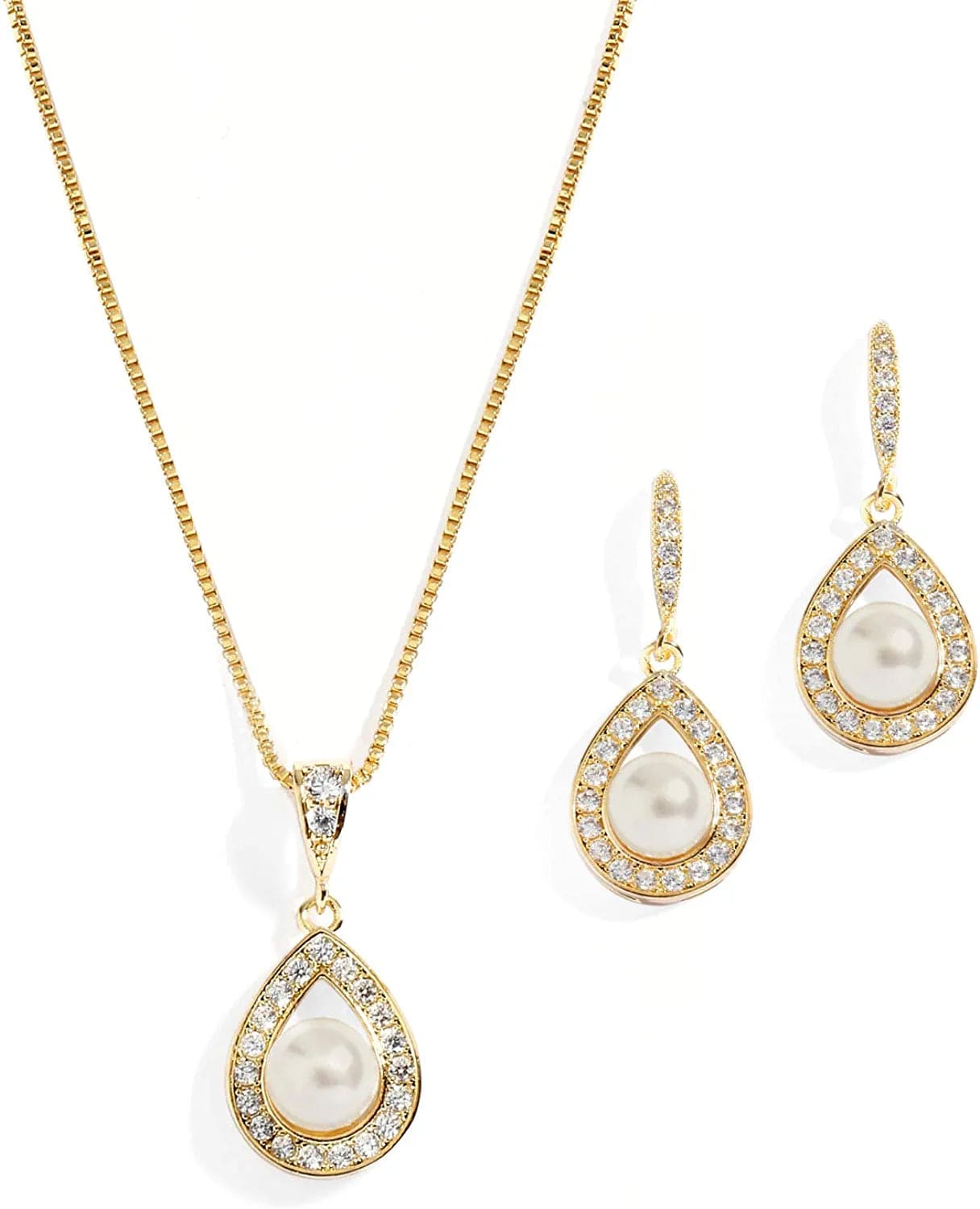 Wedding Necklace and Earrings Pearl Jewelry Set with Inlaid CZ Frame for Bridesmaids & Brides Gold