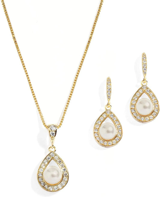 Wedding Necklace and Earrings Pearl Jewelry Set with Inlaid CZ Frame for Bridesmaids & Brides Gold