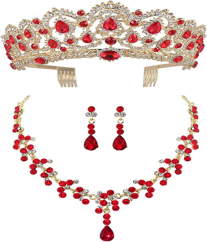 Wedding Tiaras and Earrings Set, Tiara and Necklace Set, Wedding Bridal Flower Jewelry Set Baroque Tiara Crystal Crown with Comb Retro Rhinestone Necklace Earrings Bridesmaids Queen Costume for Prom Party Red