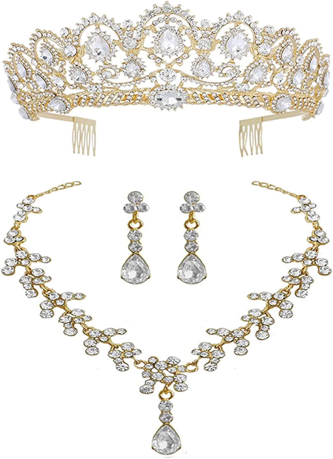 Wedding Tiaras and Earrings Set, Tiara and Necklace Set, Wedding Bridal Flower Jewelry Set Baroque Tiara Crystal Crown with Comb Retro Rhinestone Necklace Earrings Bridesmaids Queen Costume for Prom Party White