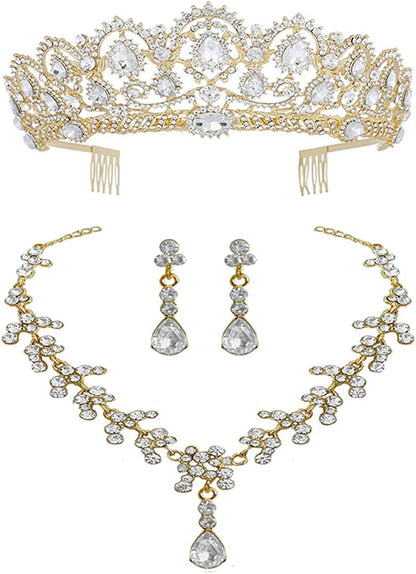 Wedding Tiaras and Earrings Set, Tiara and Necklace Set, Wedding Bridal Flower Jewelry Set Baroque Tiara Crystal Crown with Comb Retro Rhinestone Necklace Earrings Bridesmaids Queen Costume for Prom Party White
