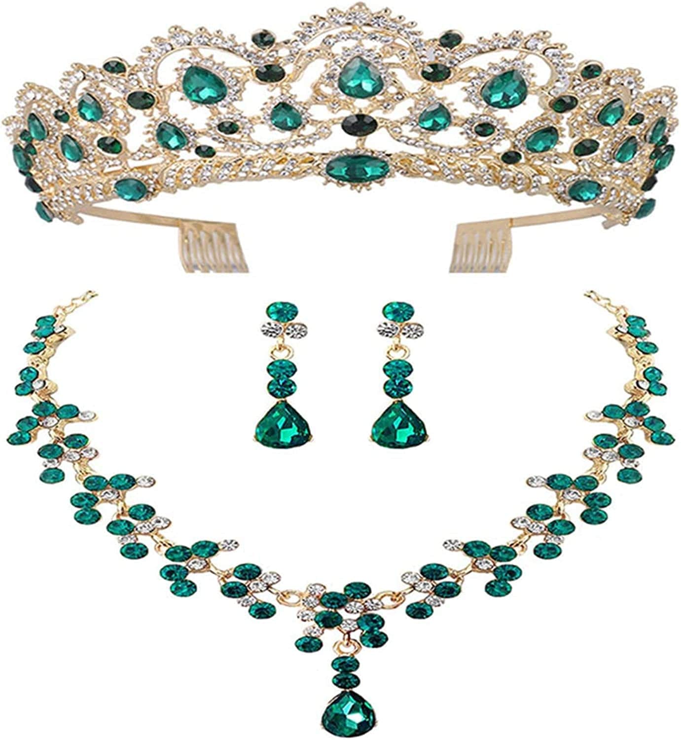 Wedding Tiaras and Earrings Set, Tiara and Necklace Set, Wedding Bridal Flower Jewelry Set Baroque Tiara Crystal Crown with Comb Retro Rhinestone Necklace Earrings Bridesmaids Queen Costume for Prom Party Green