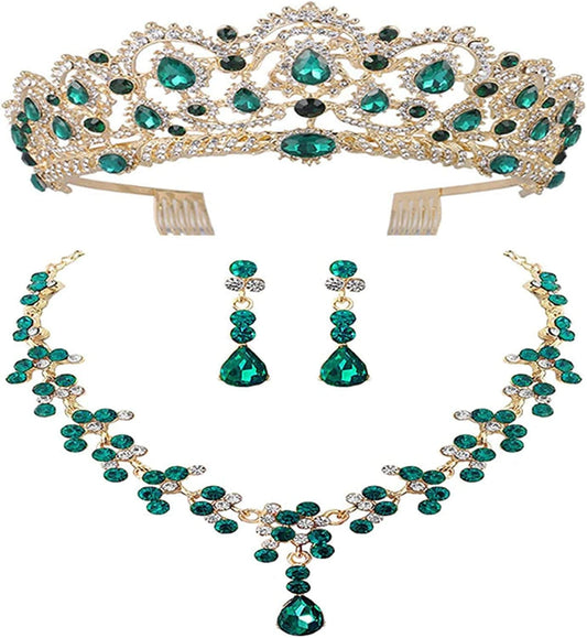 Wedding Tiaras and Earrings Set, Tiara and Necklace Set, Wedding Bridal Flower Jewelry Set Baroque Tiara Crystal Crown with Comb Retro Rhinestone Necklace Earrings Bridesmaids Queen Costume for Prom Party Green