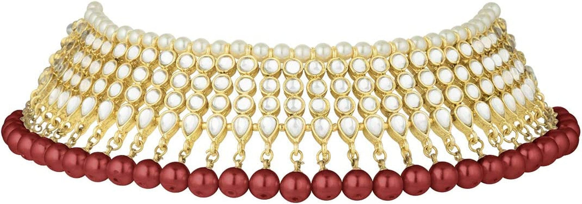 Wedding Wear Kundan Beaded Choker Necklace Set with Maang Tikka Indian Jewelry for Women Girls (Maroon)