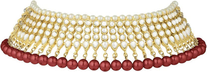Wedding Wear Kundan Beaded Choker Necklace Set with Maang Tikka Indian Jewelry for Women Girls (Maroon)
