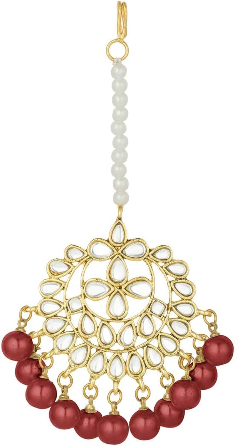 Wedding Wear Kundan Beaded Choker Necklace Set with Maang Tikka Indian Jewelry for Women Girls (Maroon)