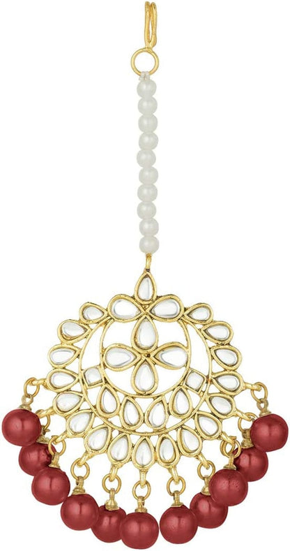Wedding Wear Kundan Beaded Choker Necklace Set with Maang Tikka Indian Jewelry for Women Girls (Maroon)