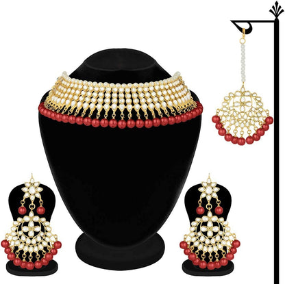 Wedding Wear Kundan Beaded Choker Necklace Set with Maang Tikka Indian Jewelry for Women Girls (Maroon)