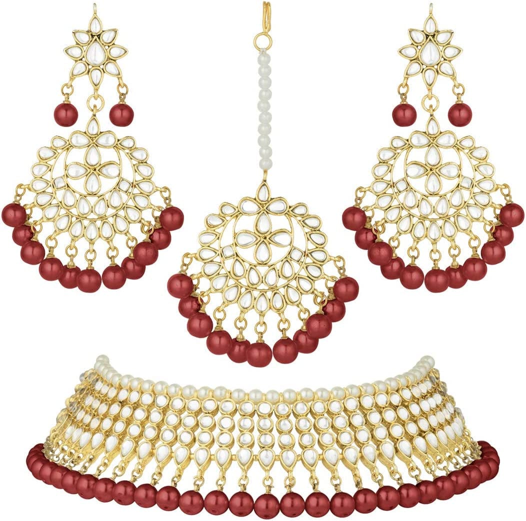 Wedding Wear Kundan Beaded Choker Necklace Set with Maang Tikka Indian Jewelry for Women Girls (Maroon)