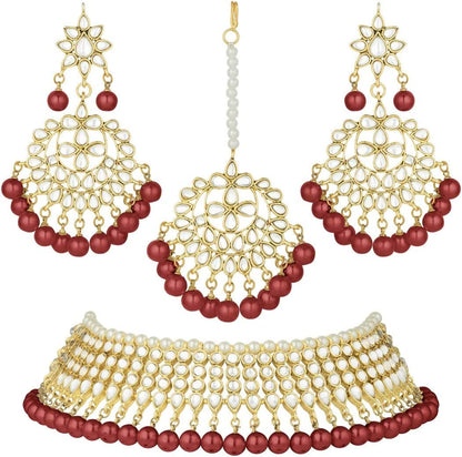 Wedding Wear Kundan Beaded Choker Necklace Set with Maang Tikka Indian Jewelry for Women Girls (Maroon)