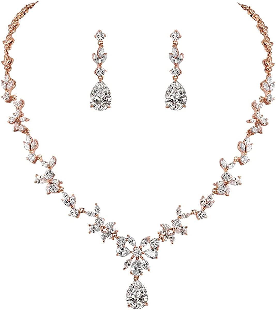 Weimanjewelry Women Cubic Zirconia Marquise Teardrop Bridal Necklace and Dangling Earring Jewelry Set for Wedding Rose Gold