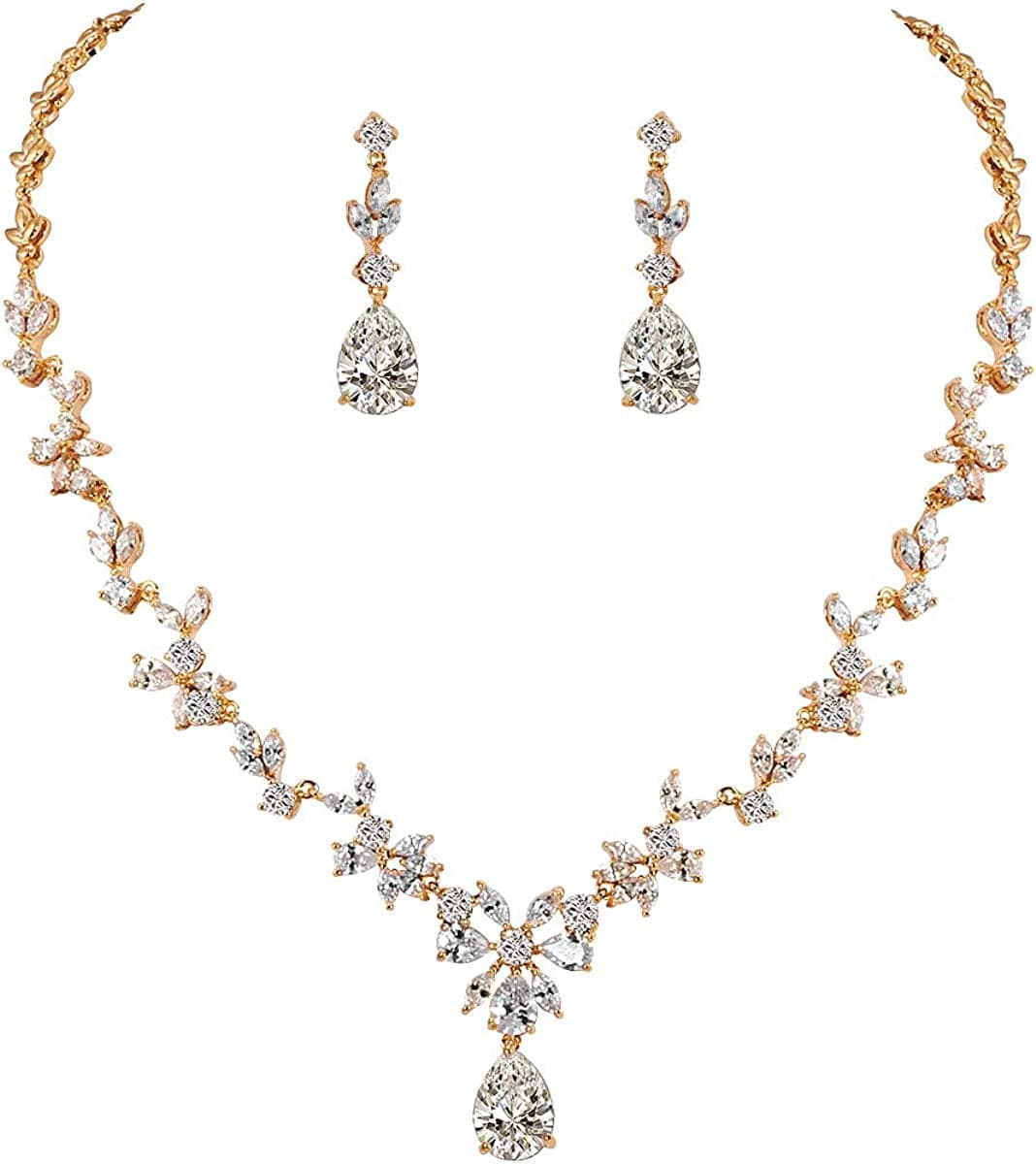 Weimanjewelry Women Cubic Zirconia Marquise Teardrop Bridal Necklace and Dangling Earring Jewelry Set for Wedding Gold