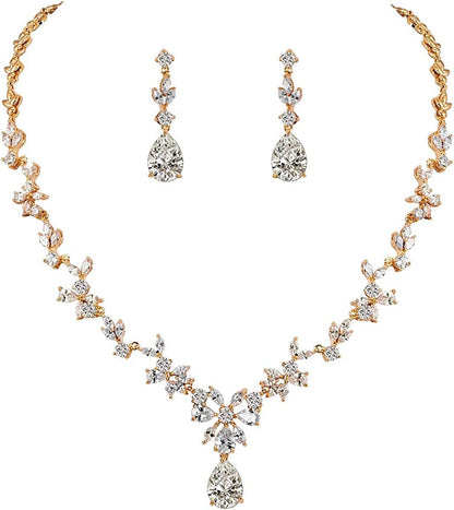 Weimanjewelry Women Cubic Zirconia Marquise Teardrop Bridal Necklace and Dangling Earring Jewelry Set for Wedding Gold